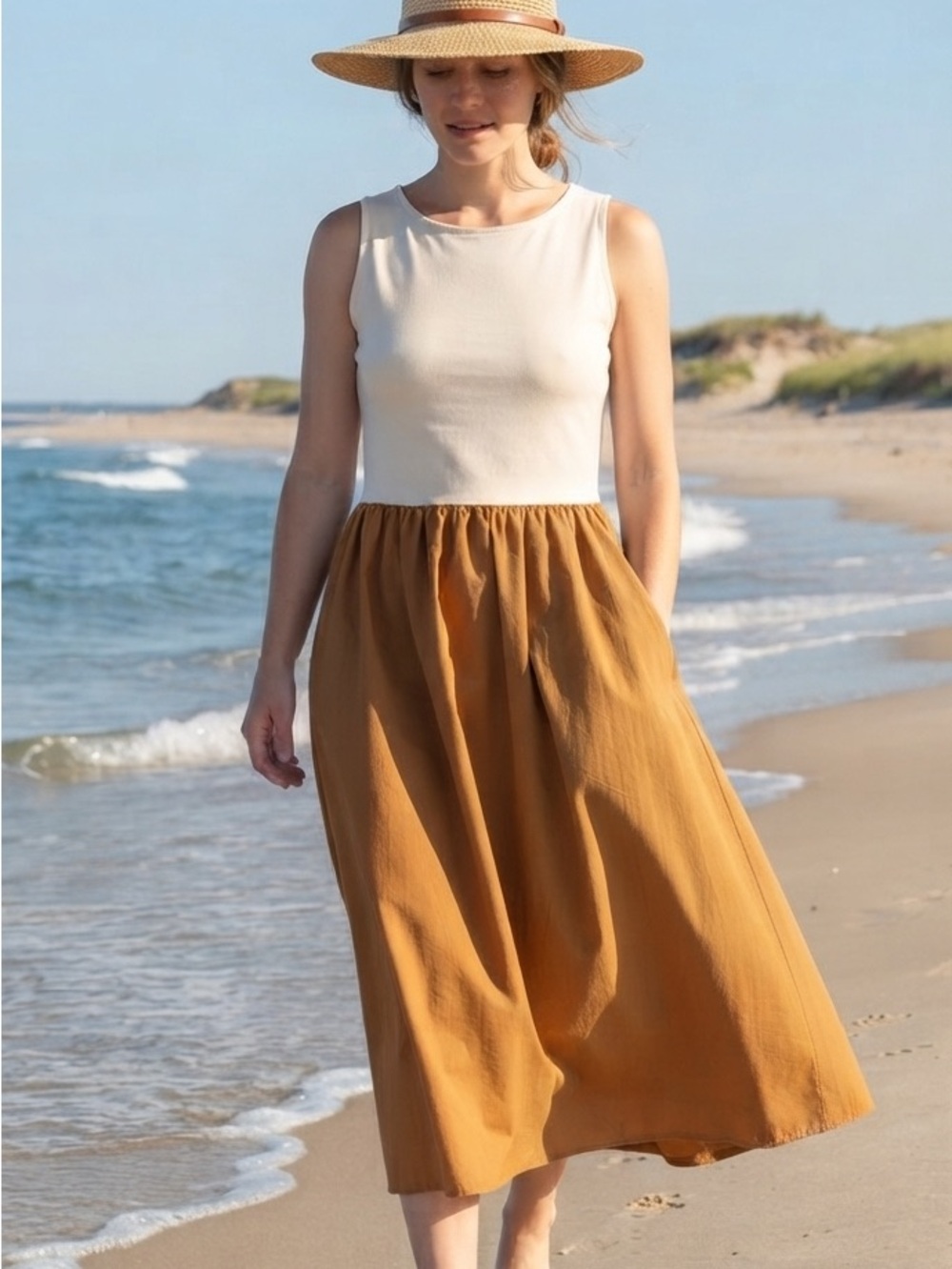 GAP Two-Tone Midi Dress with Camel Brown Skirt Pockets Preppy Summer Beach